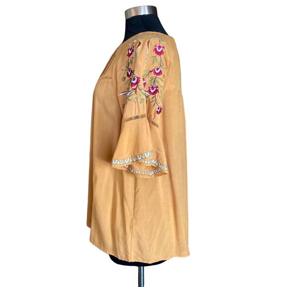 Entro Mustard Top Embroidered Sleeves Pleated Bell Sleeves Boho Western Medium - Picture 3 of 8